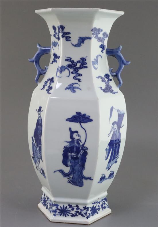 A Chinese blue and white hexagonal immortals vase H. 41cm